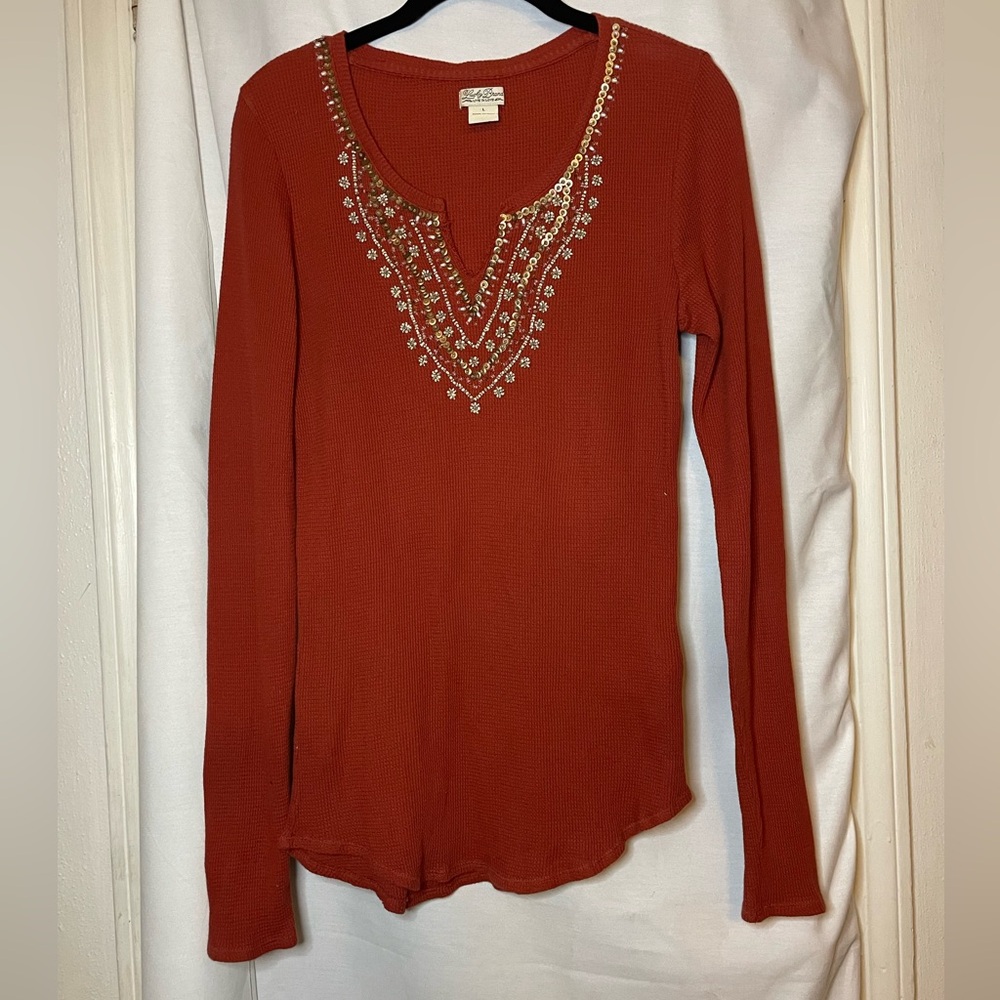Lucky Brand Red Orange Waffle Knit V-Neck Long Sleeve Blouse w Beading Size L